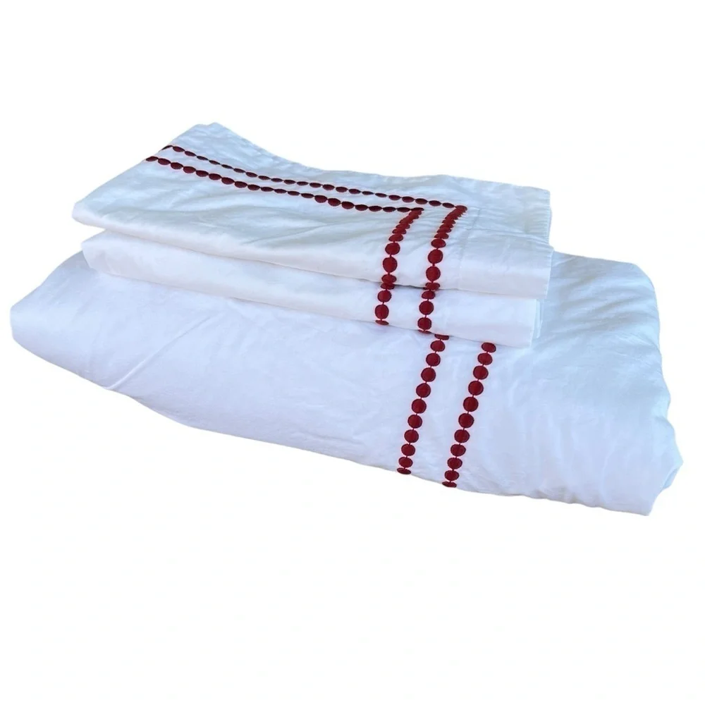 Pottery Barn Pearl Dot Embroidered Trim Duvet Set Ruby Red White Full Queen GUC